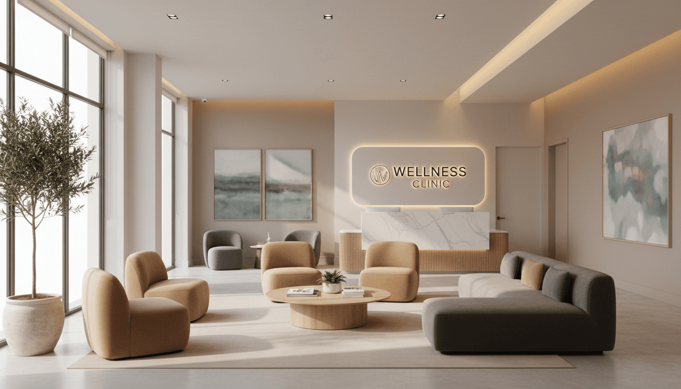 Modern medical clinic reception area with warm natural light