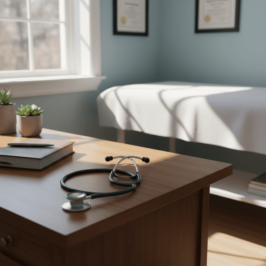 Stethoscope resting on a desk in a clean, sunlit exam room