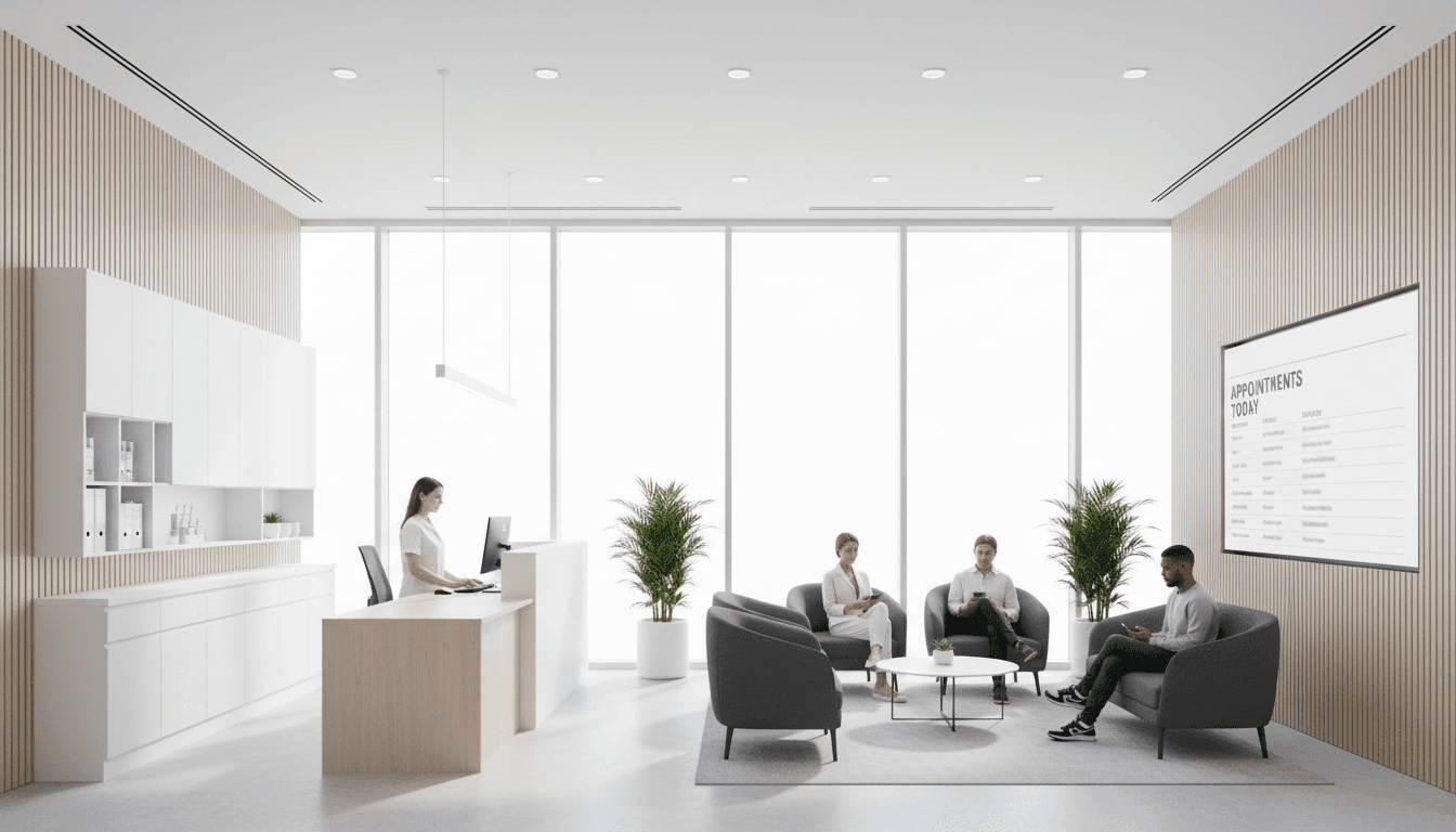 Patient checking in at a clean, bright medical reception desk