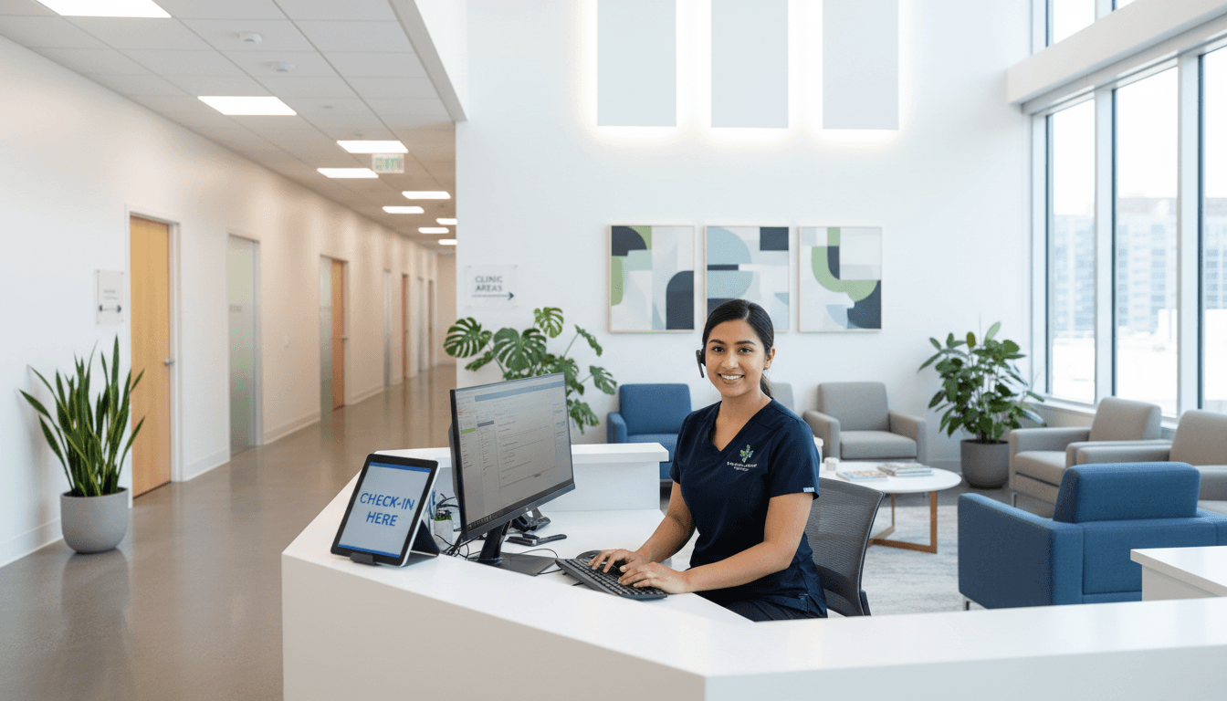 Receptionist at modern medical clinic desk managing patient check-ins in bright, welcoming reception area