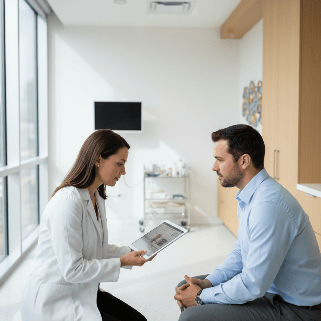 Doctor talking with a patient in a bright medical office