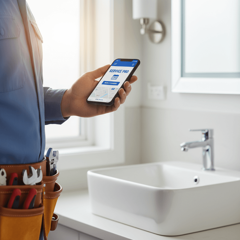 Licensed plumber displaying digital service booking app on smartphone in modern bathroom setting
