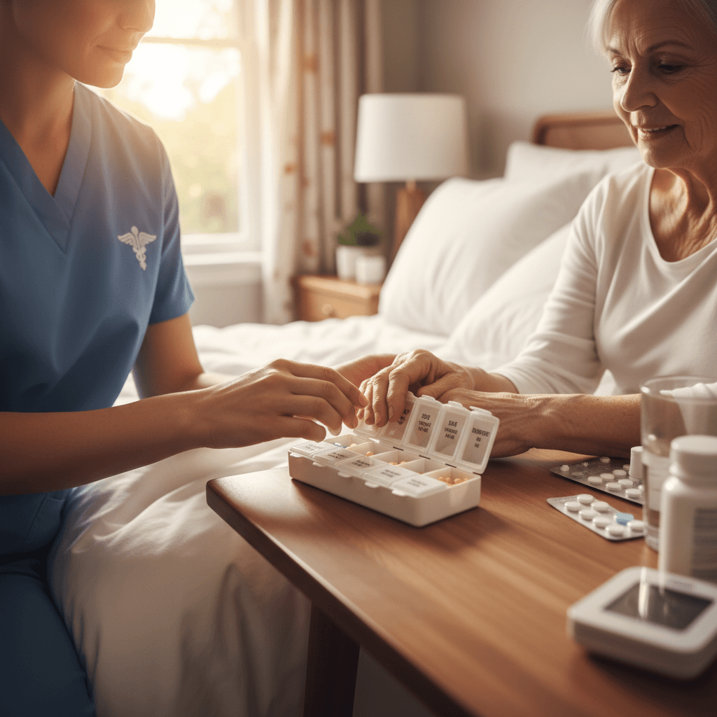 Nurse checking blood pressure of a smiling older patient in a clinic