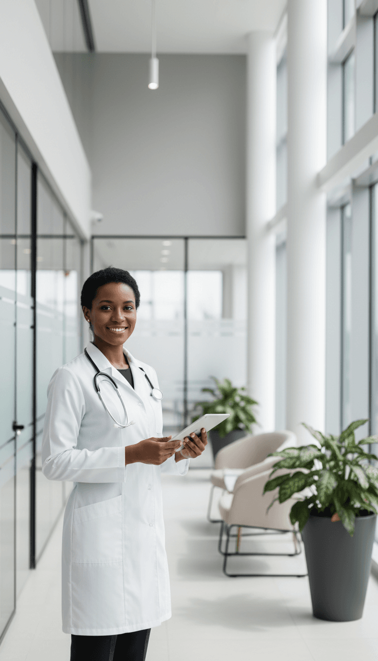 Friendly female doctor in white coat smiling in a bright clinic